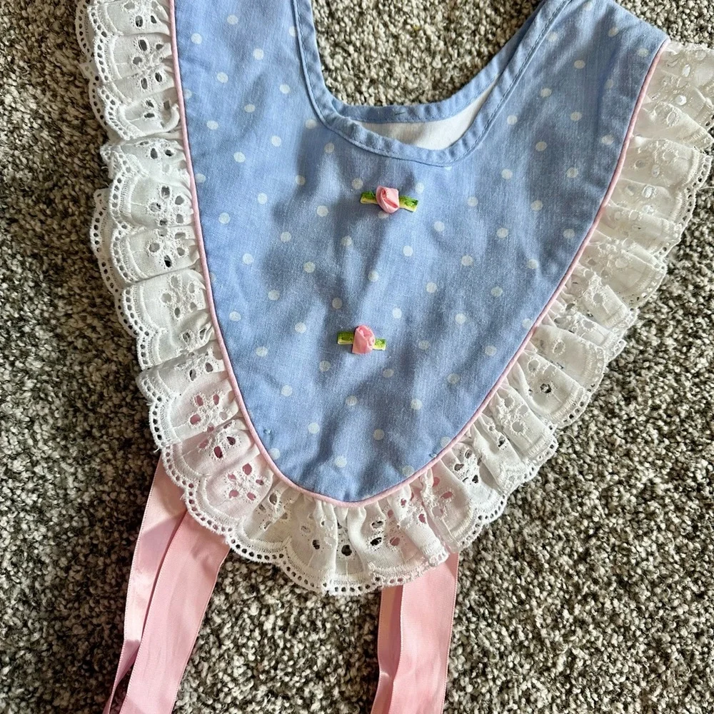 Vintage Blue and Pink Polka Dot Lace Baby Bib